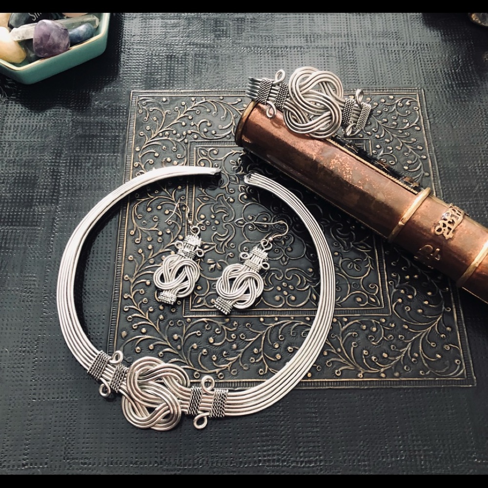 SOLD - Silver-Tone Buddha Knot Set - Necklace, Bracelet, Earrings